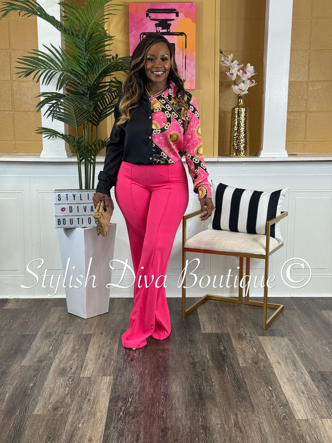 Juliana Color Block Print Shirt (Black/Hot Pink Paisley)