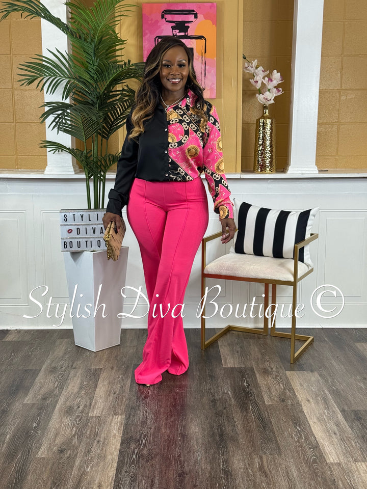 Juliana Color Block Print Shirt (Black/Hot Pink Paisley)