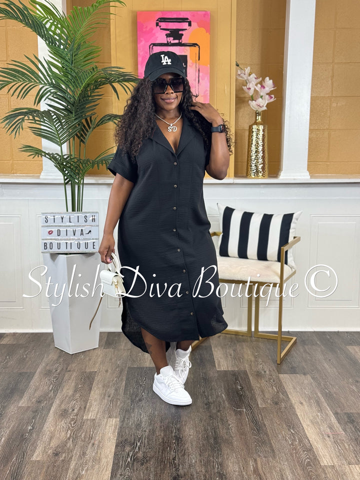 Kinder Buttoned Shirt Midi Dress (Black)