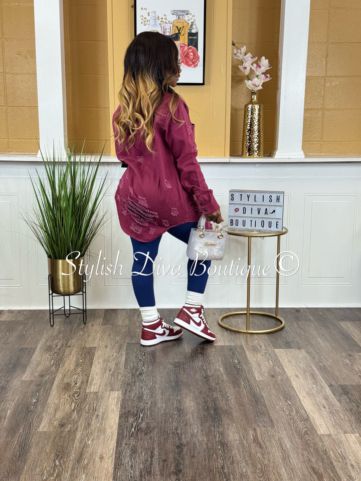 Harper Distressed Denim Shacket (Berry Denim)