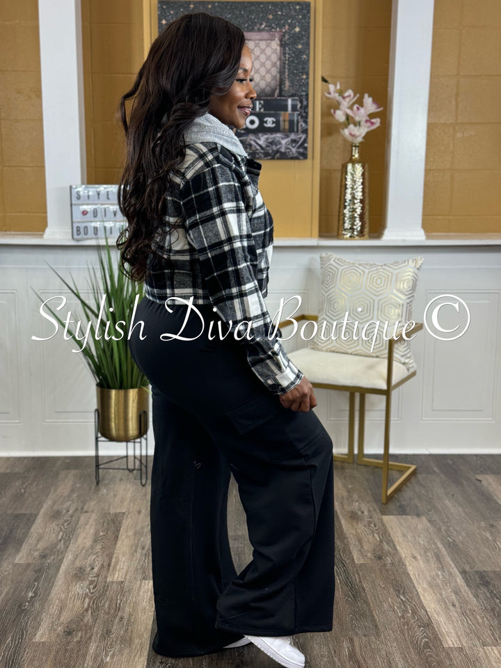 Go After It Wide Leg Cargo Pant Set (Black Plaid/Heather Grey)