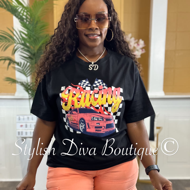 Racing T-Shirt (Black Shirt/Black, Peach & White Print)