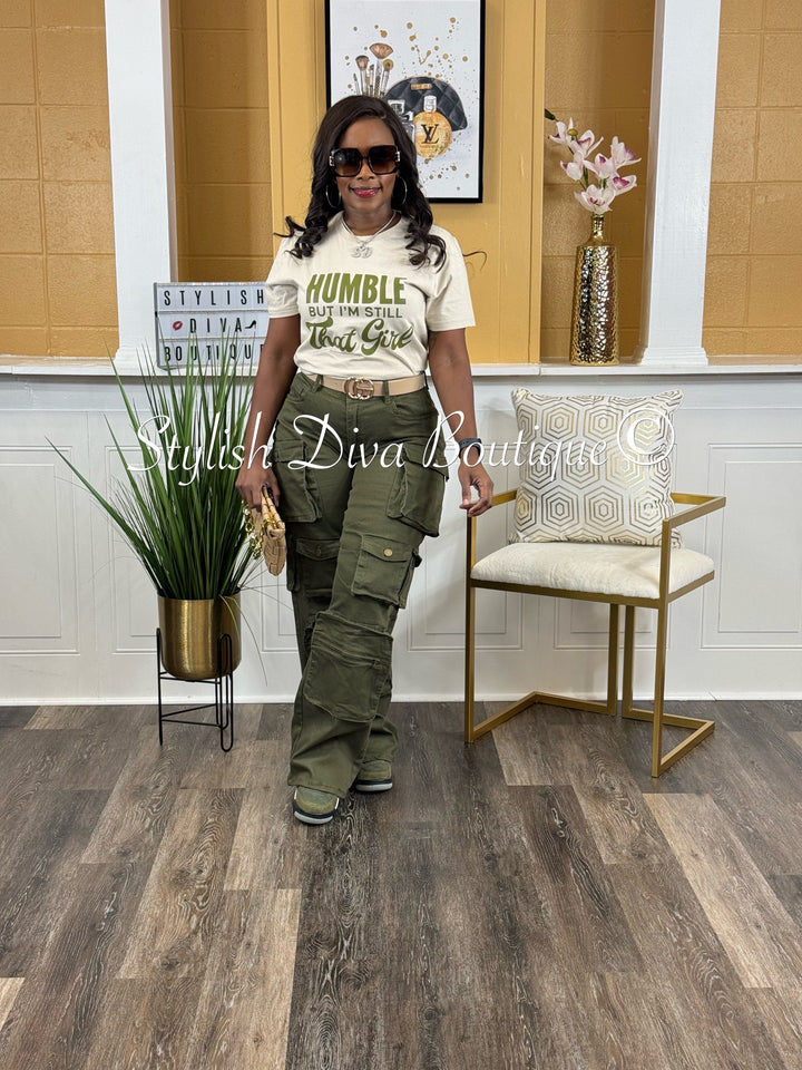 Humble But Still That Girl T-Shirt (Sand Shirt/Olive Print)