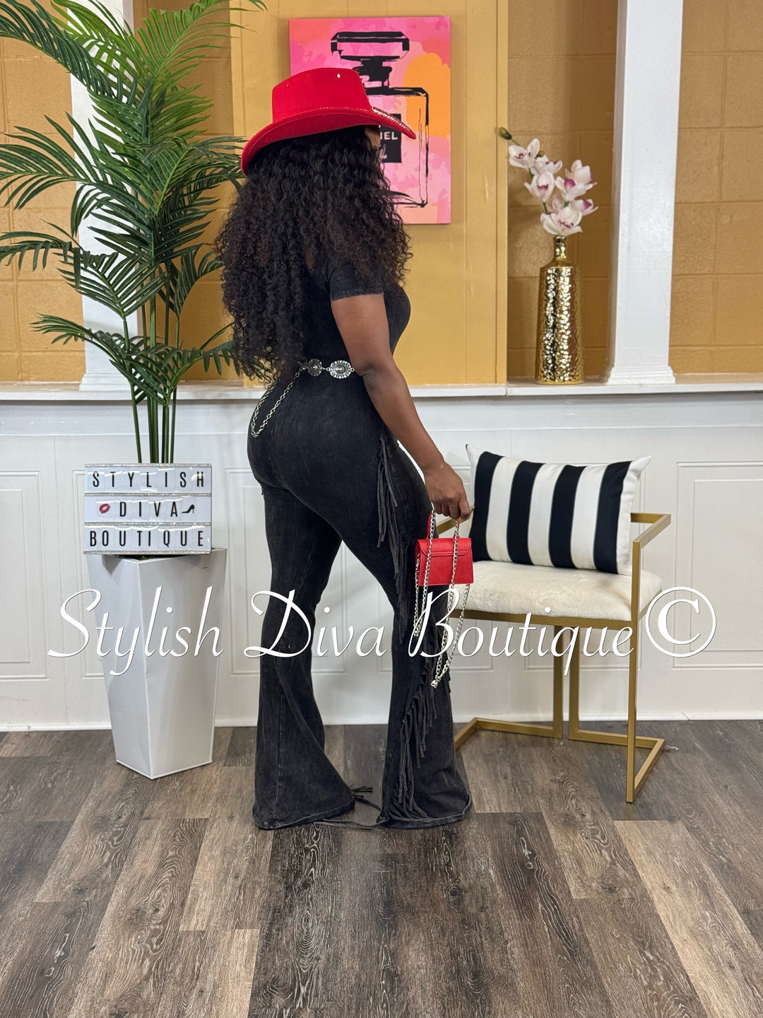 Country Girl Mineral Washed Fringed Jumpsuit (Black Wash)