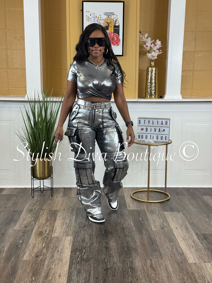 Mecca Metallic Cargo Pants (Black Denim/Silver Foil)