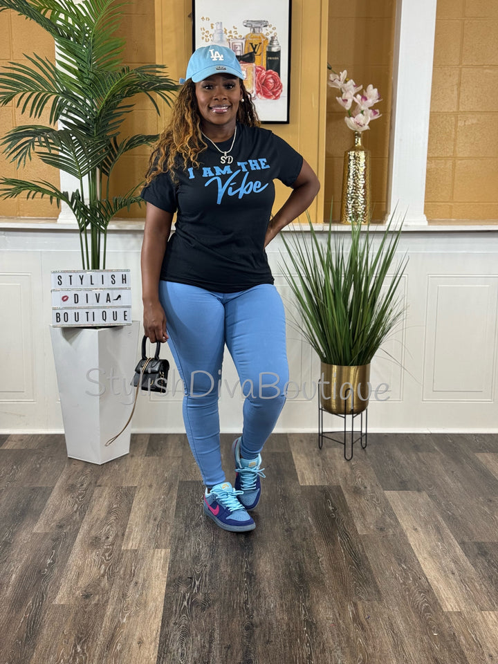I AM the Vibe Graphic Tee (Black Shirt/Columbia Blue Print)
