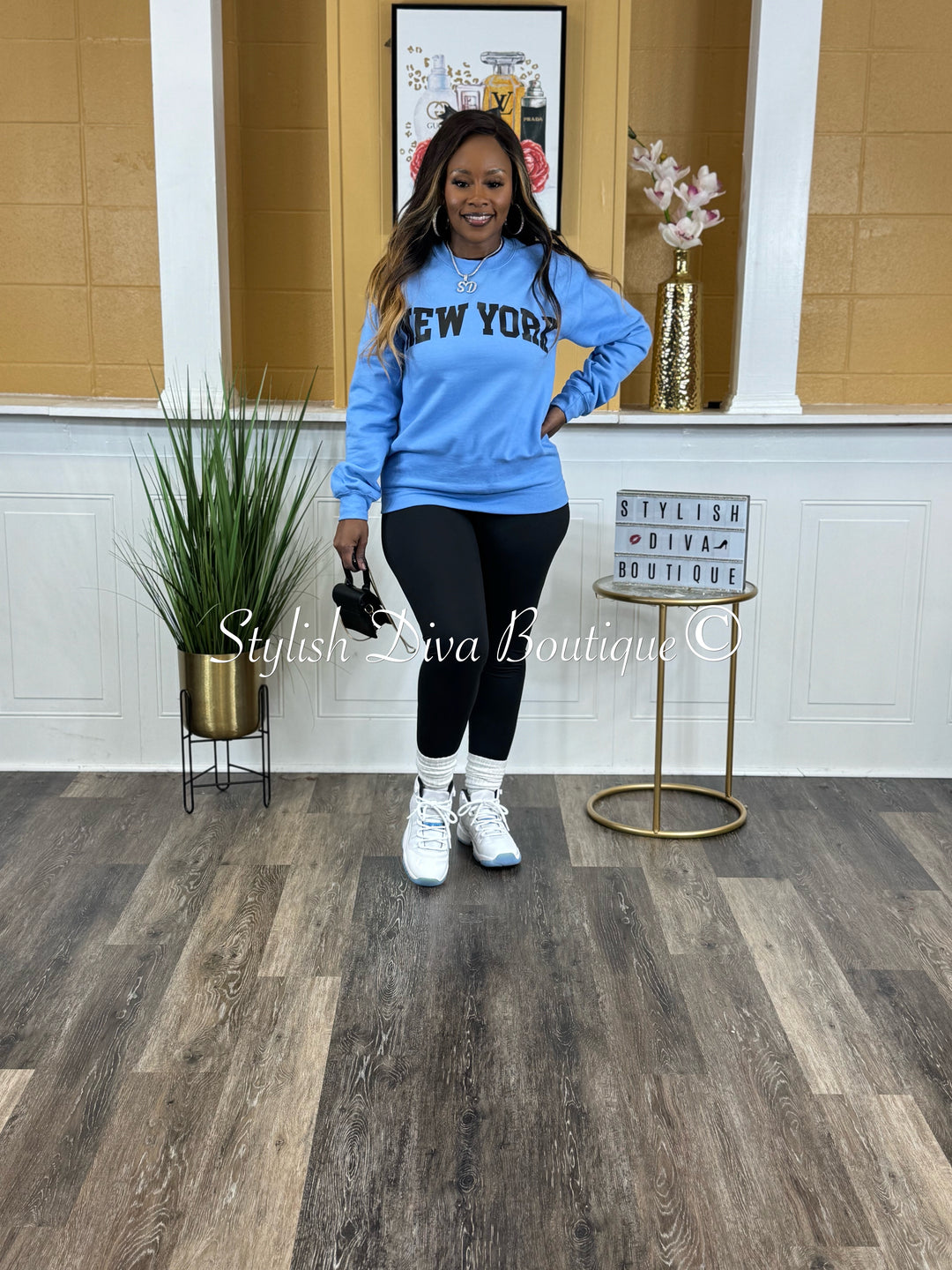 New York Sweatshirt Only up to 3XL (Carolina Blue/Black Print)