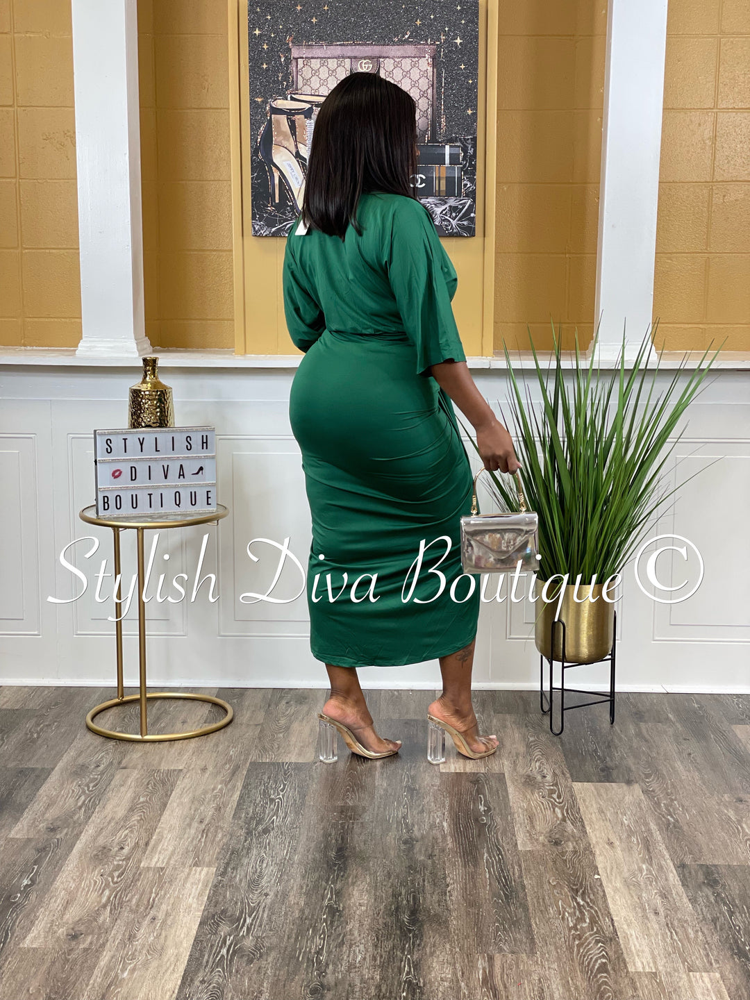 Chandler V Cut Ruched Midi Dress up to 3XL (Hunter Green)