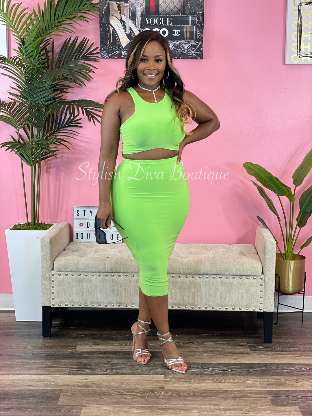 It Girl Midi Skirt Set (Lime Green)