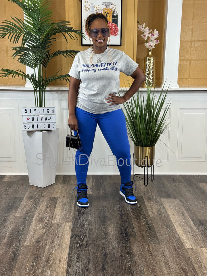 Walking By Faith Graphic Tee (Grey Shirt/Royal Blue Print)