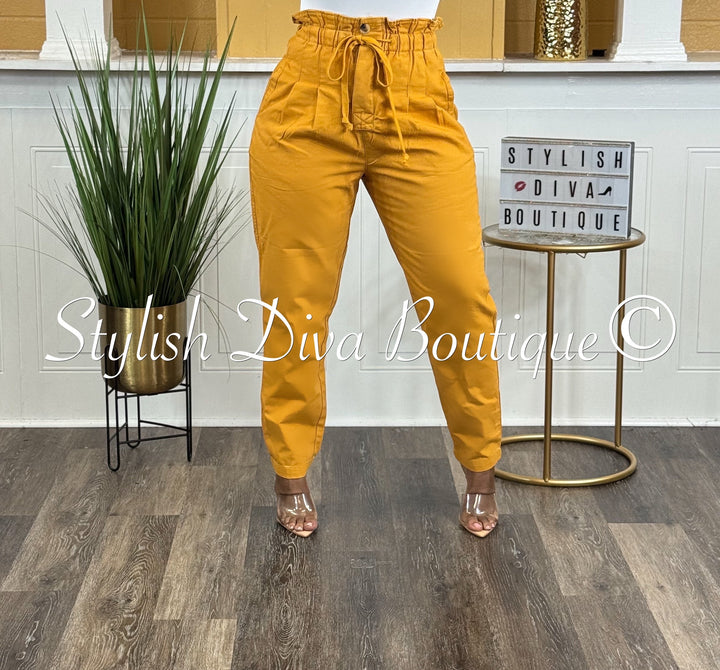 Stone Wash Paperbag Waist Pants (Mustard)