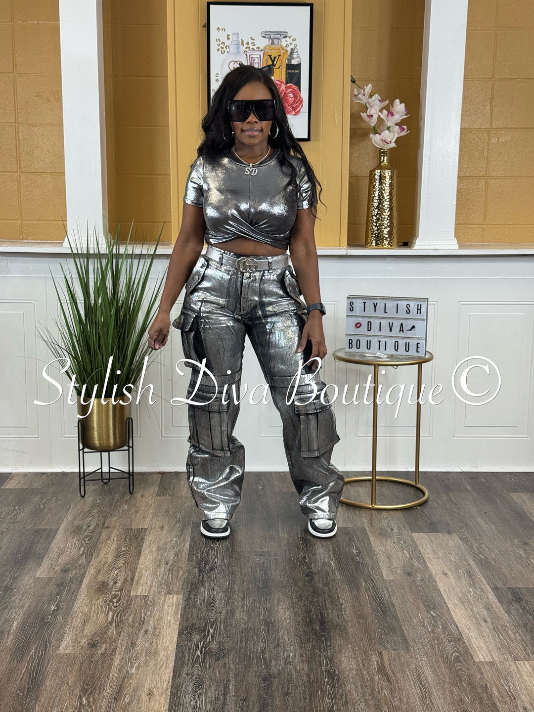 Mecca Metallic Cargo Pants (Black Denim/Silver Foil)