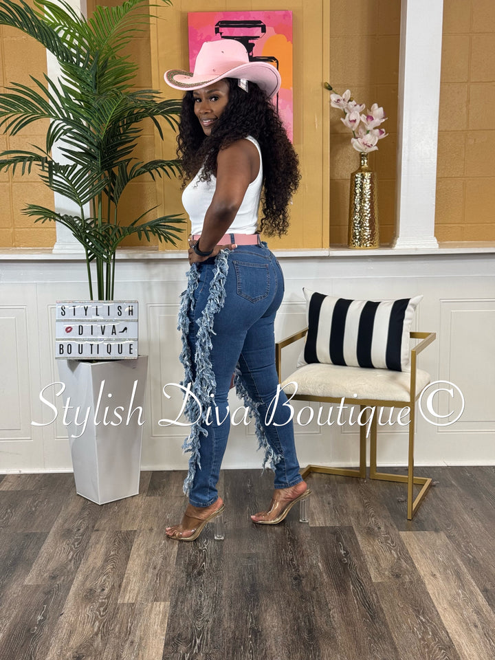 Show Stopper Distressed Fringe Jeans (Dark Wash)