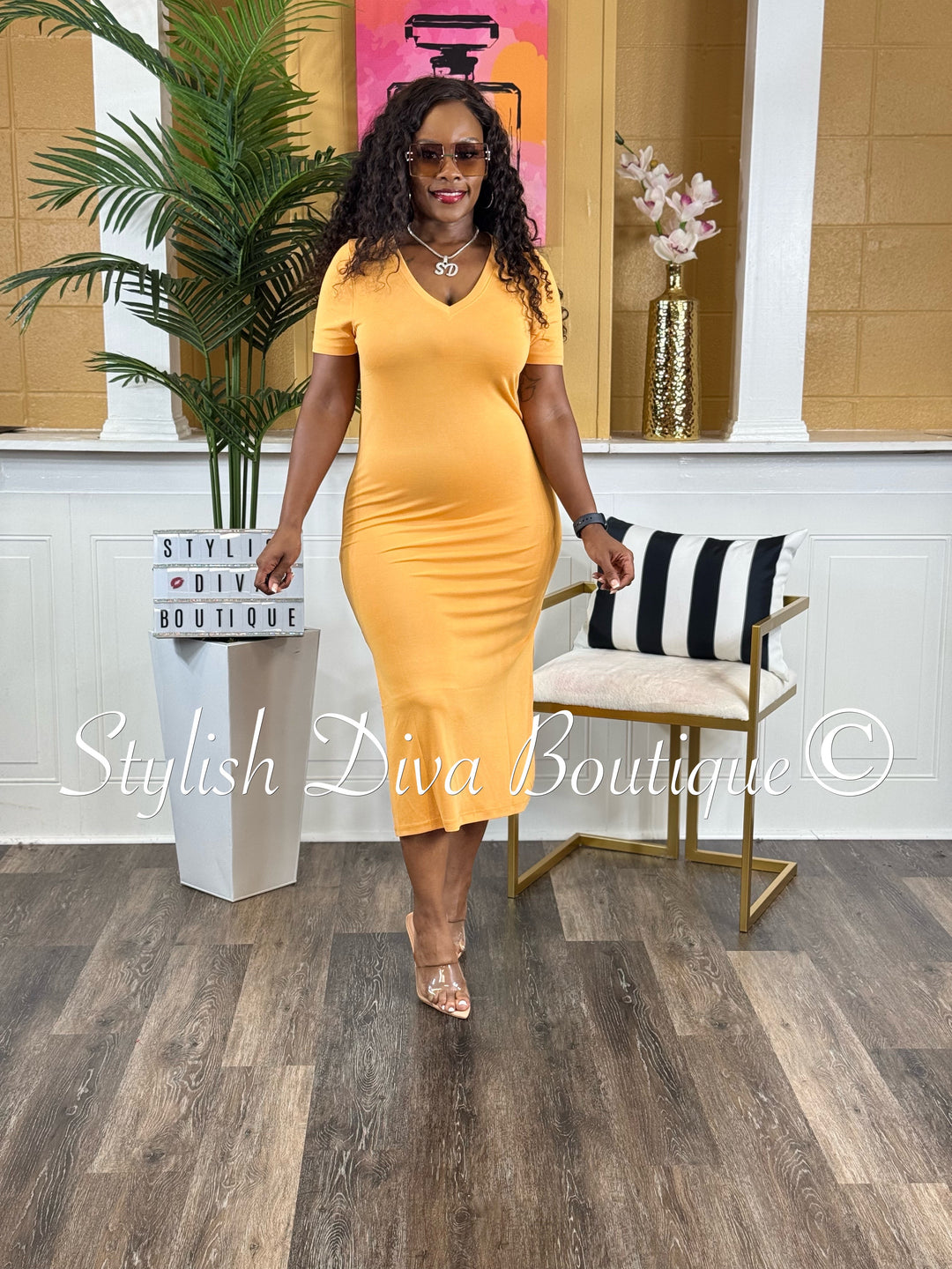 Ivy V-Neck Shirt Dress (Caramel)