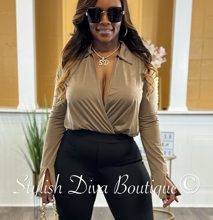 Venezia L/S Collared Bodysuit up to 3XL (Mocha)