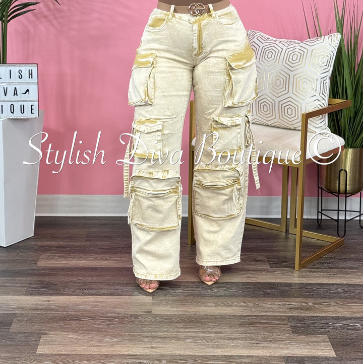 Nicki Acid Wash Cargo Pants (Tan)