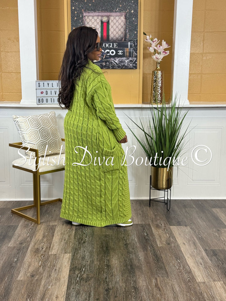 Kamala Long Cable Knit Cardigan (Green)