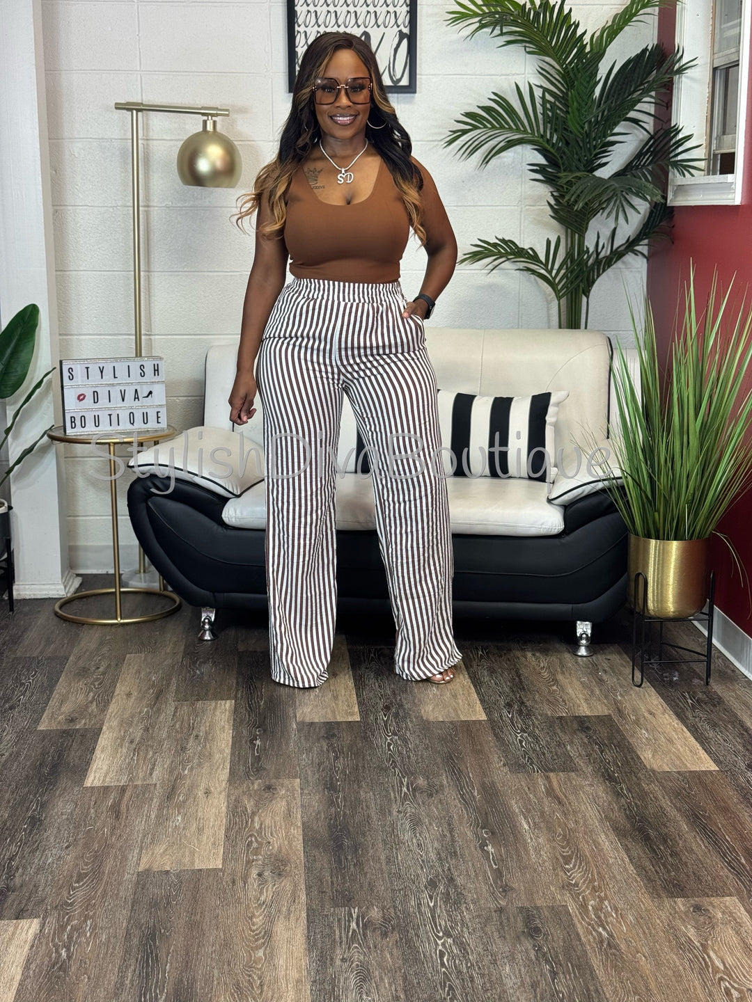 Coastal Diva Pants Set (Brown/White)