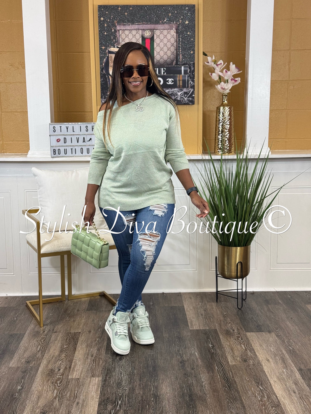 Bobbi Off Shoulder Spring Sweater (Sage)