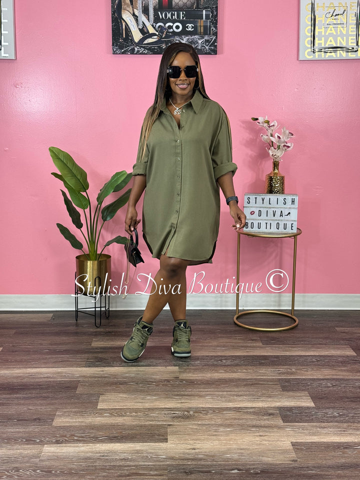 Casual Stroll V-Neck Oversized Shirt Dress (Olive Green)