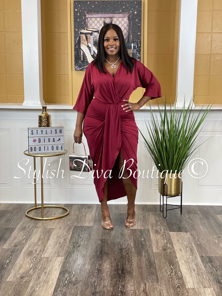 Chandler V Cut Ruched Midi Dress up to 3XL (Burgundy)