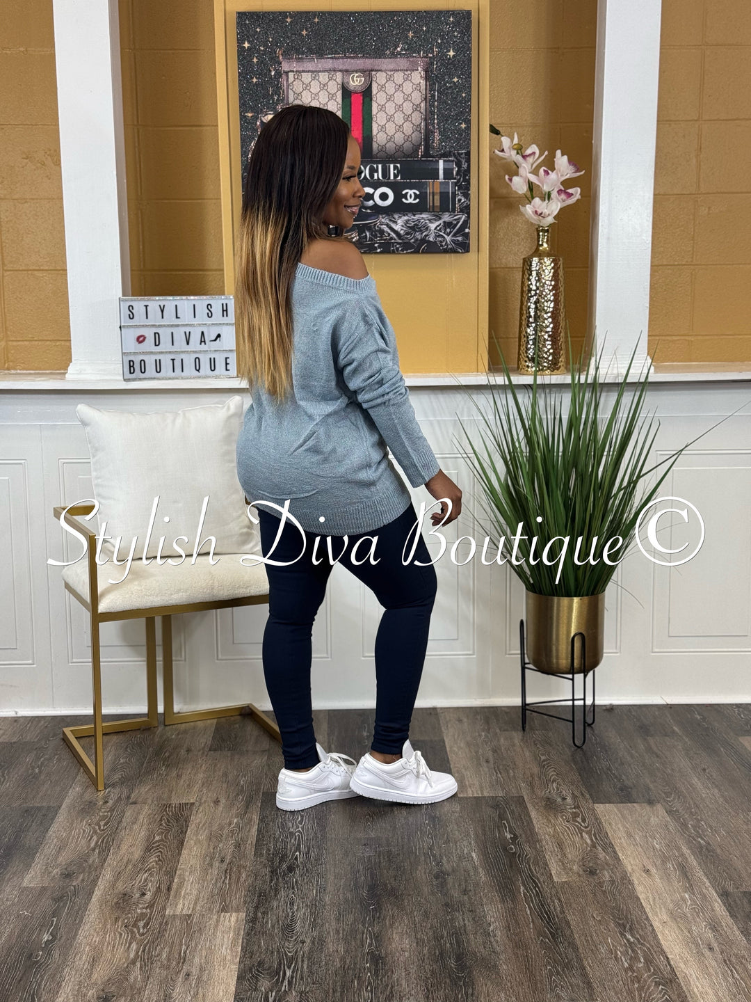 Bobbi Off Shoulder Spring Sweater (Denim Blue)
