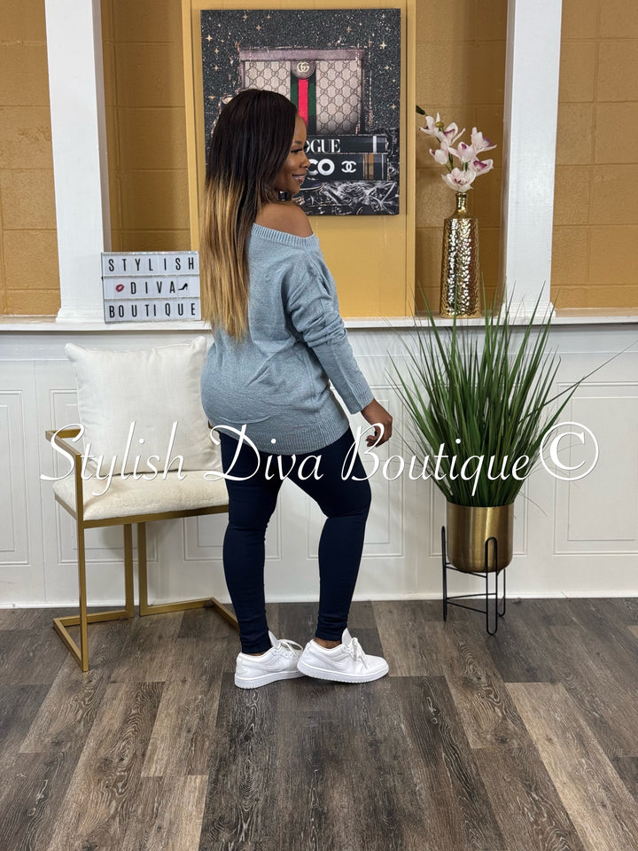 Bobbi Off Shoulder Spring Sweater (Denim Blue)
