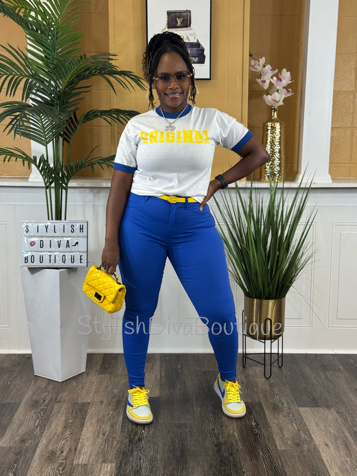 ORIGINAL Ringer Tee (White/Royal Blue) (Yellow Print)