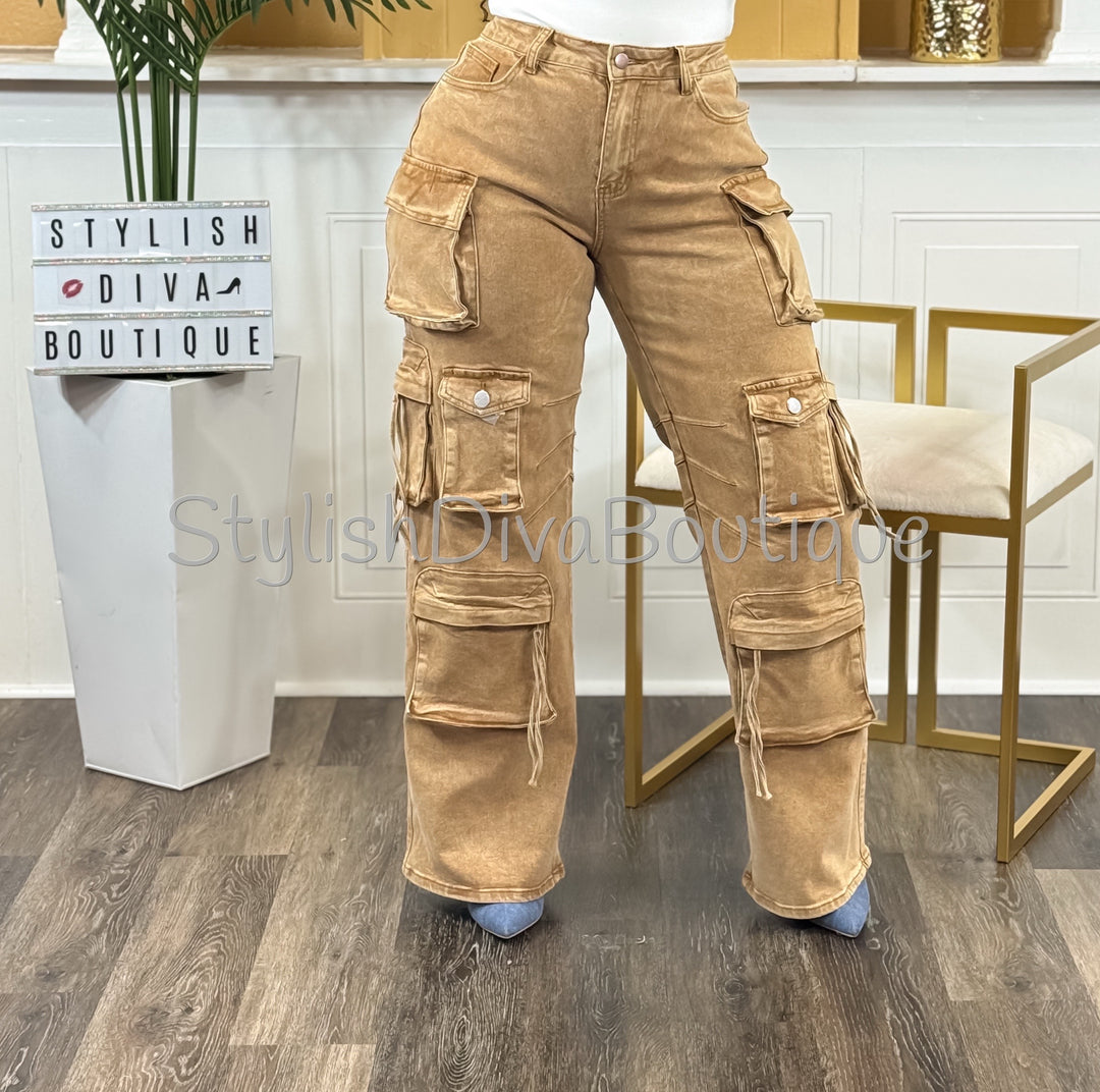Main Character Acid Wash Cargo Jeans (Tan Wash)