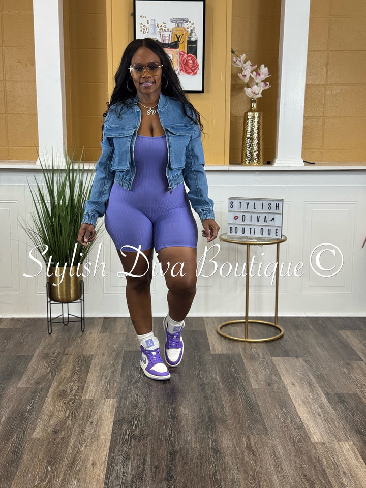 Ayla Sleeveless Ribbed Romper (Sky Lavender)