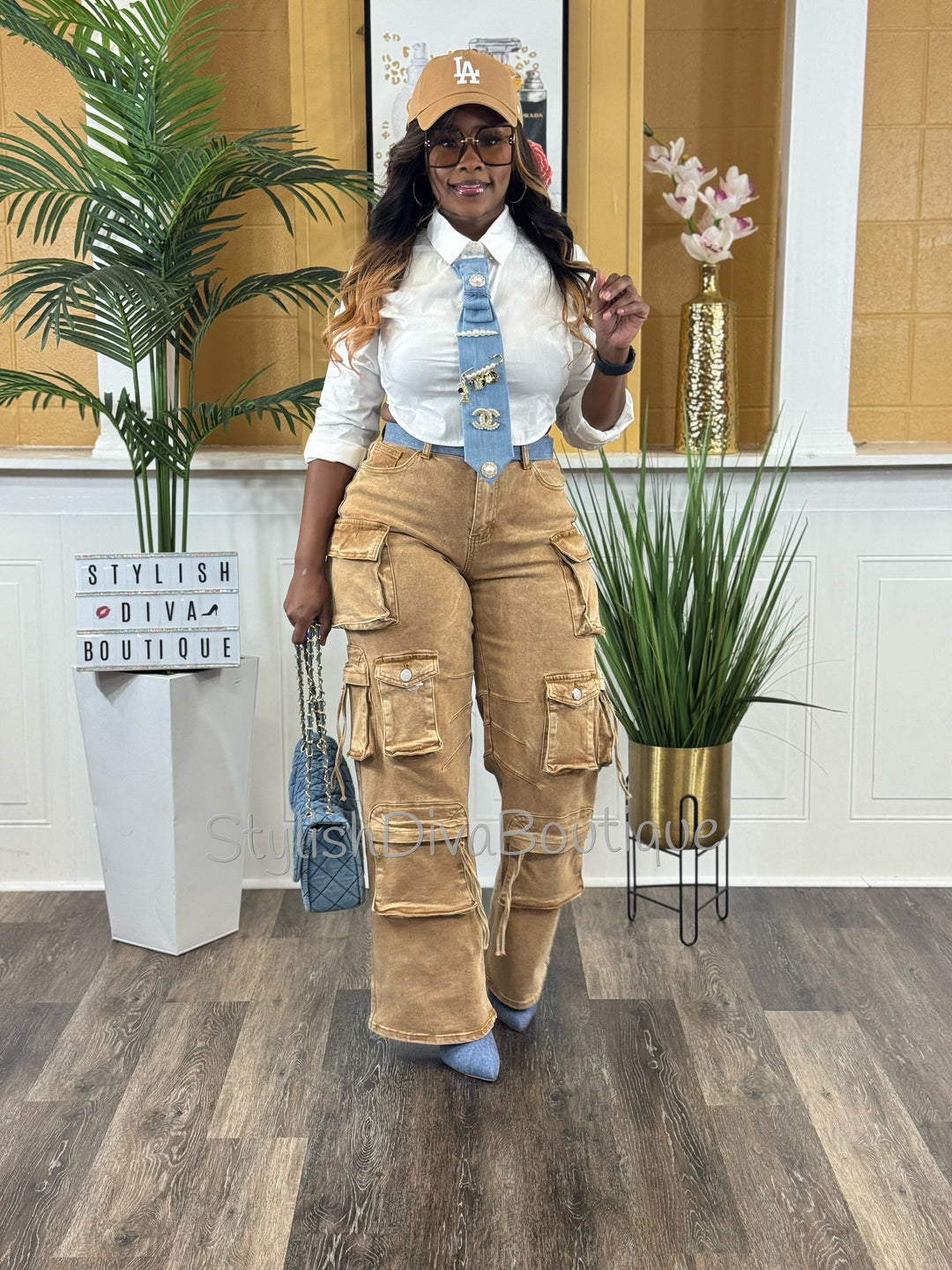 Main Character Acid Wash Cargo Jeans (Tan Wash)