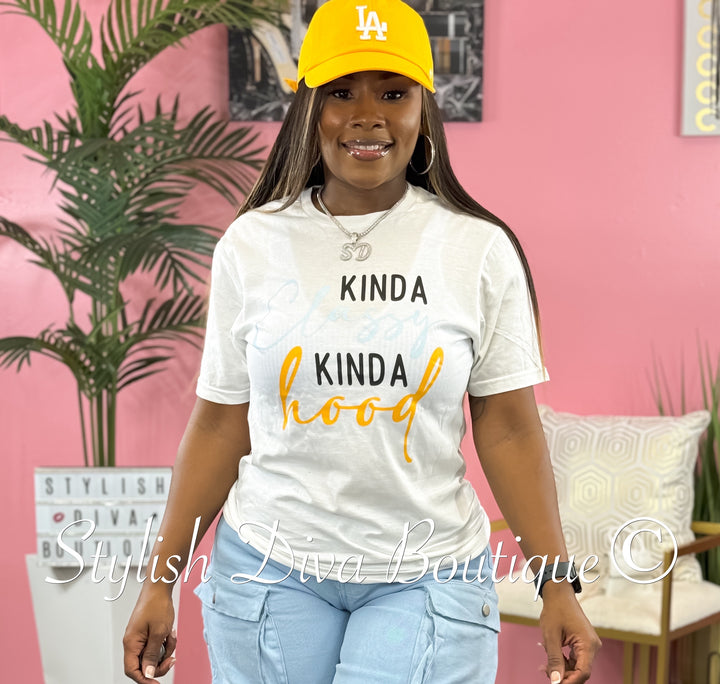 Kinda Classy Kinda Hood T-Shirt (White/Black, Blue, & Yellow Print)