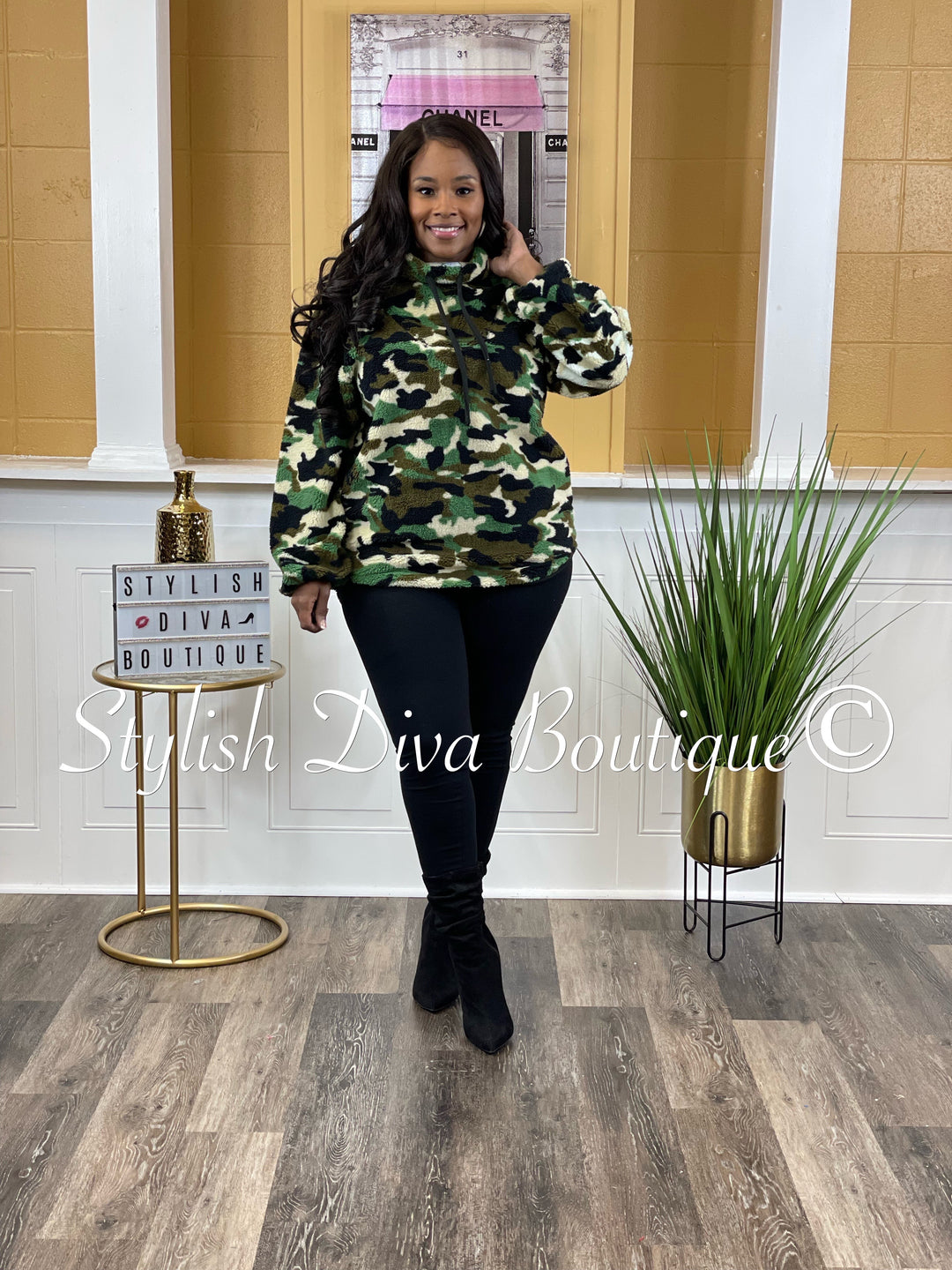 Printed Faux Fur Pullover Top (Camo)