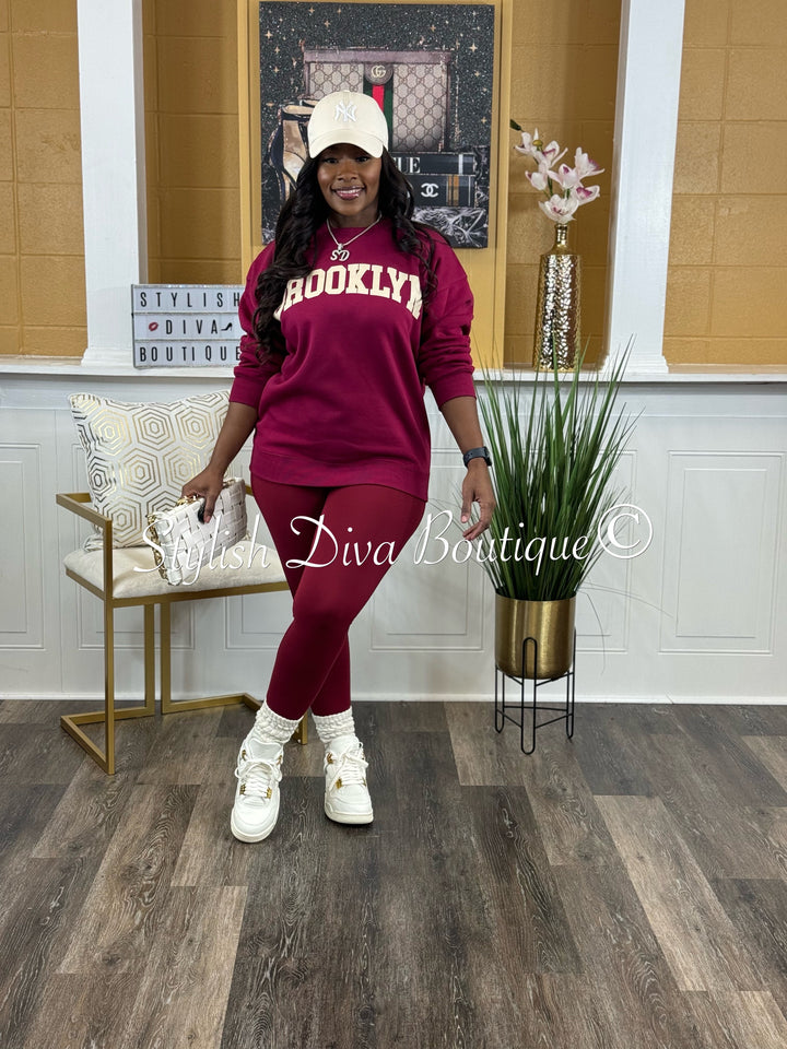 Brooklyn Oversized Sweatshirt & Leggings Set (Cabernet & Cream)