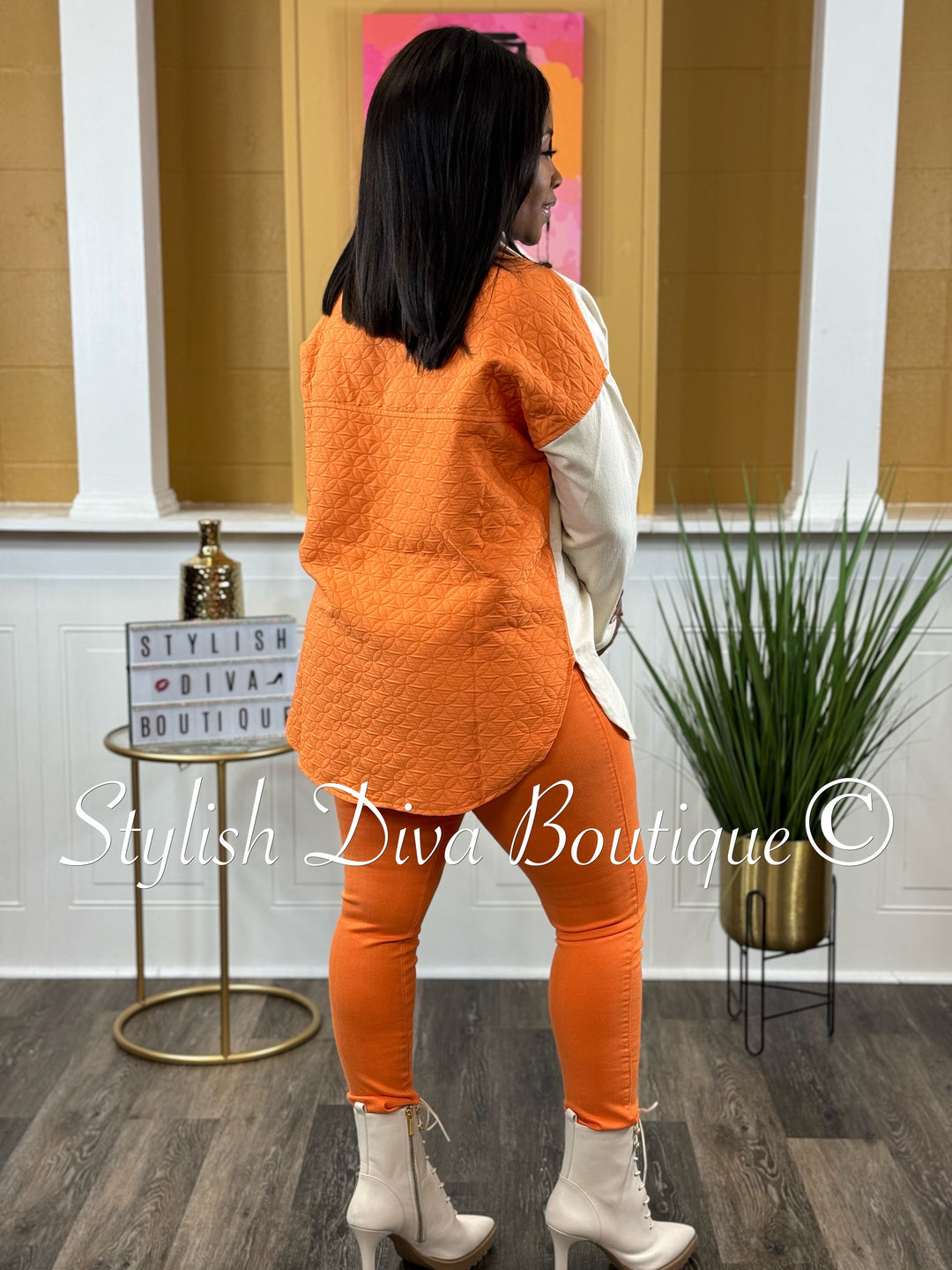 Deena Color Block Shacket (Orange/Cream)