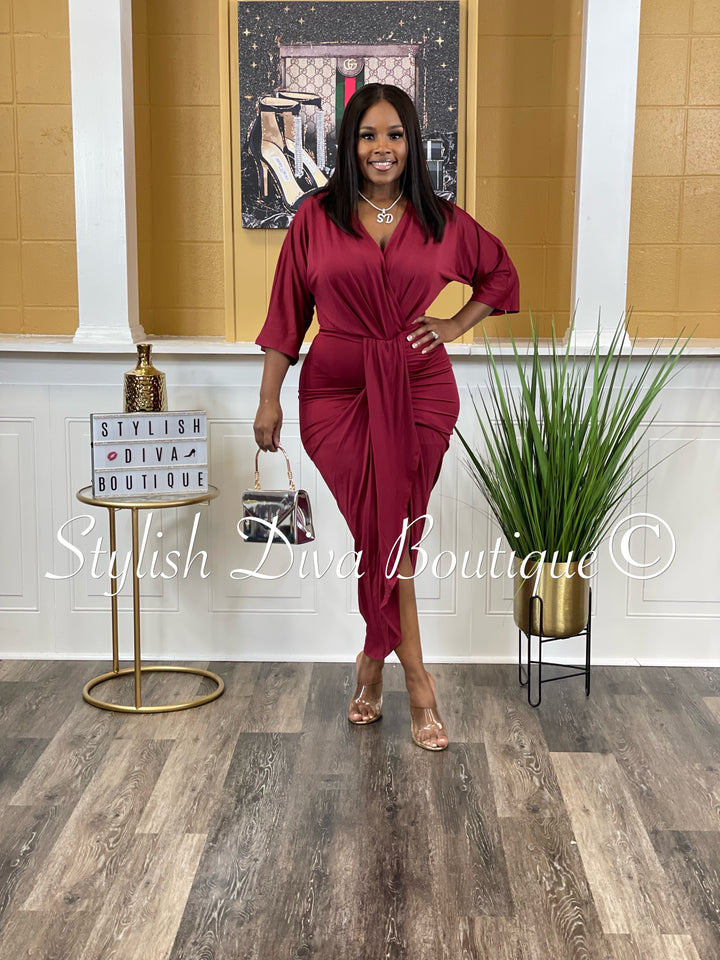 Chandler V Cut Ruched Midi Dress up to 3XL (Burgundy)