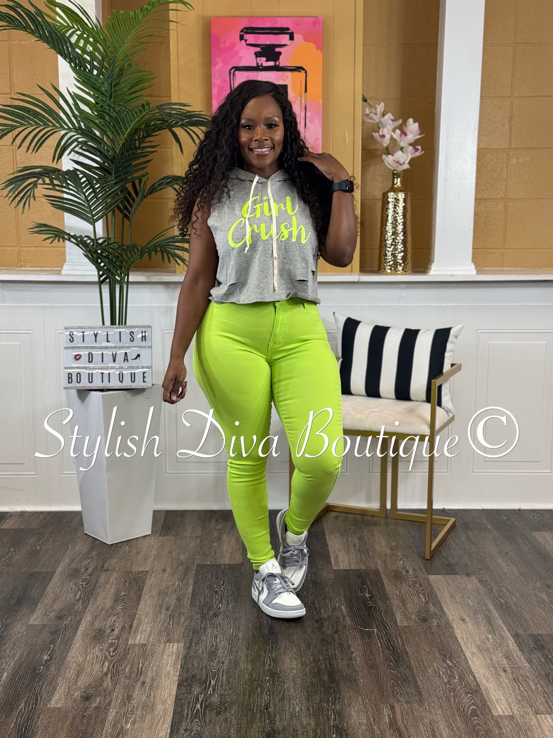 Girl Crush Cropped Hoodie Tee (Grey/Neon Yellow)