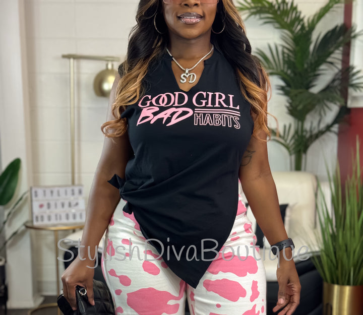 Good Girl Bad Habits Graphic Tee (Black/Pink Print)