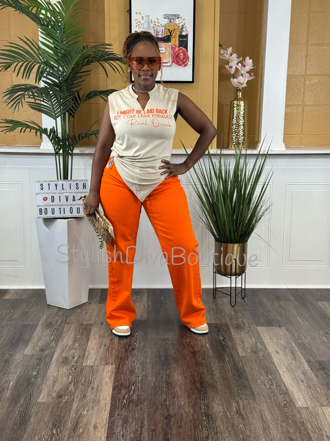 I Might Be Laid Back Graphic Tee (Sand Shirt/Orange Print)