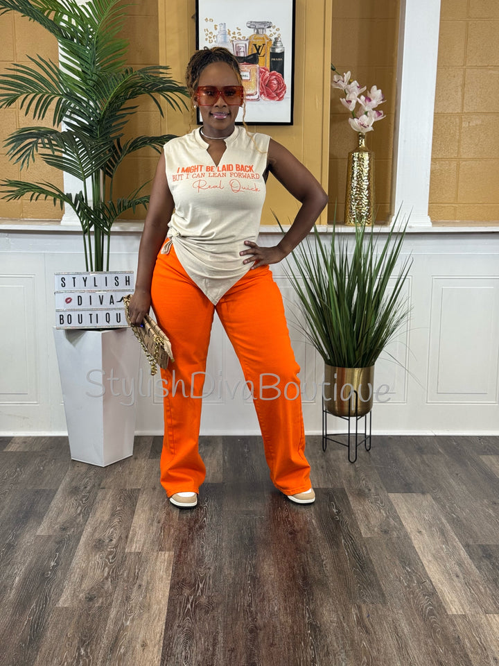 I Might Be Laid Back Graphic Tee (Sand Shirt/Orange Print)