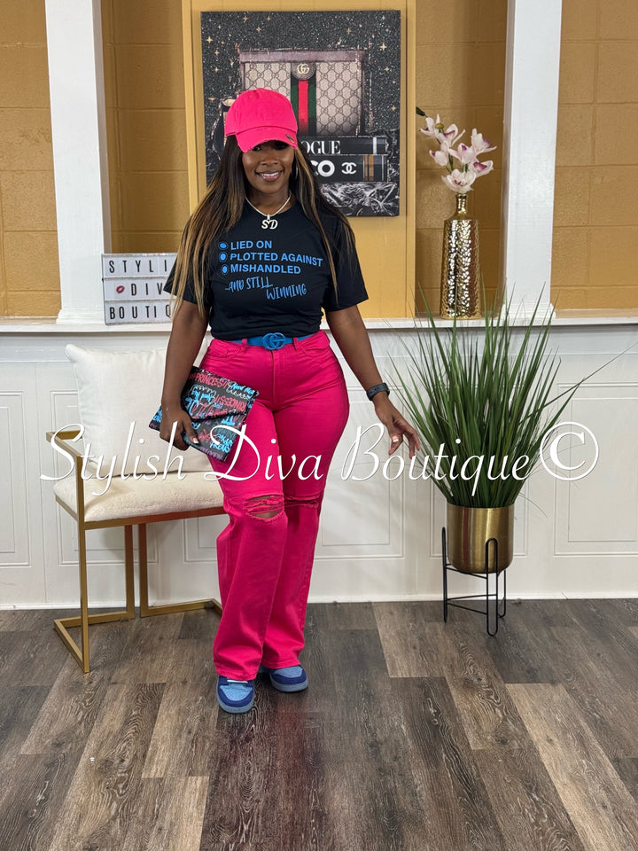 London Straight Leg Distressed Jeans (Magenta Pink)