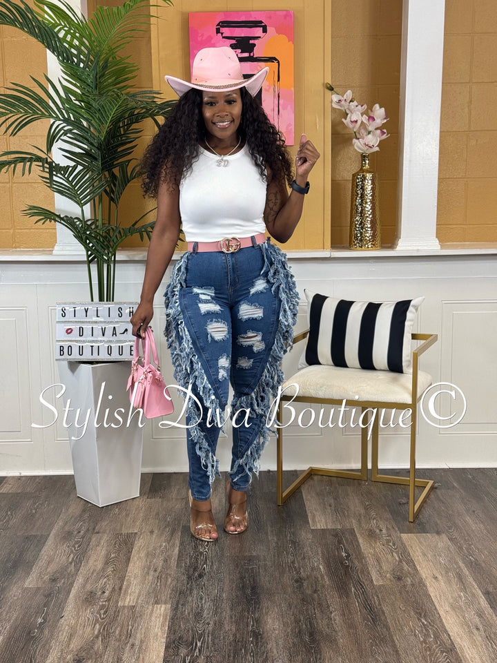 Show Stopper Distressed Fringe Jeans (Dark Wash)