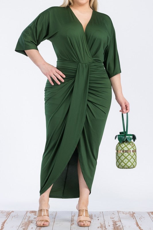 Chandler V Cut Ruched Midi Dress up to 3XL (Hunter Green)