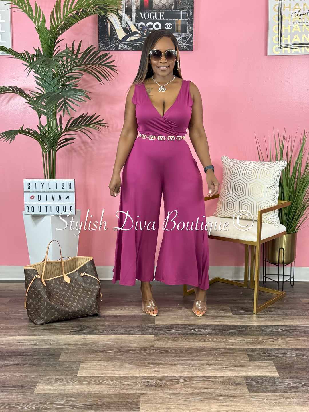 Cyndi Sleeveless Capri Jumpsuit (Berry)