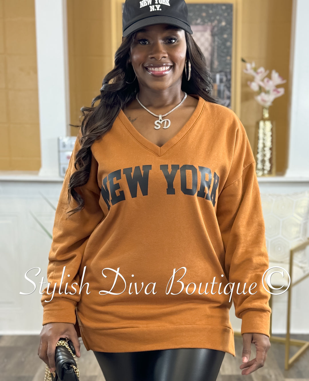 New York V Neck Sweatshirt Only (Terracotta Brown)