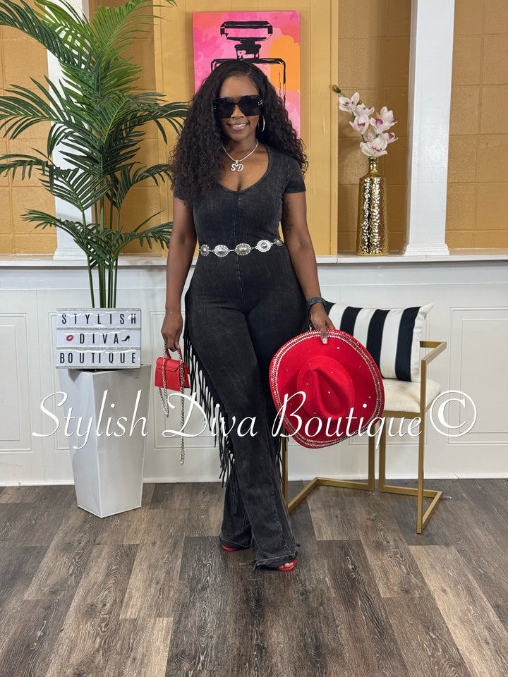 Country Girl Mineral Washed Fringed Jumpsuit (Black Wash)