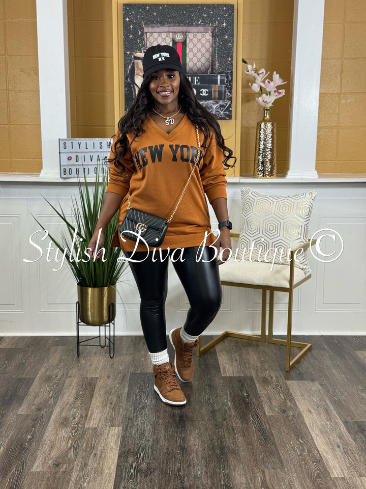 New York V Neck Sweatshirt Only (Terracotta Brown)