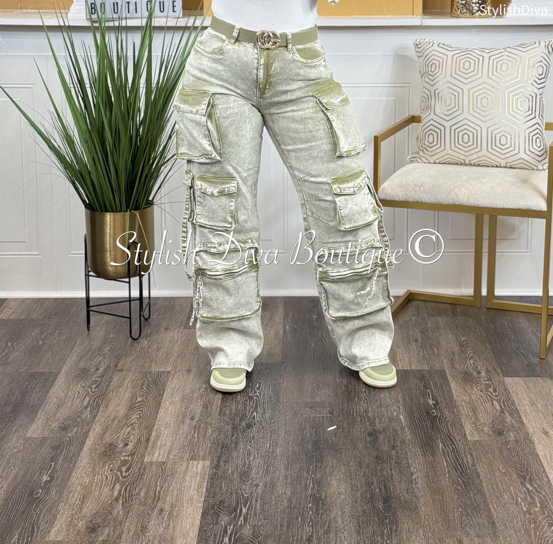 Nicki Acid Wash Cargo Pants (Sage)