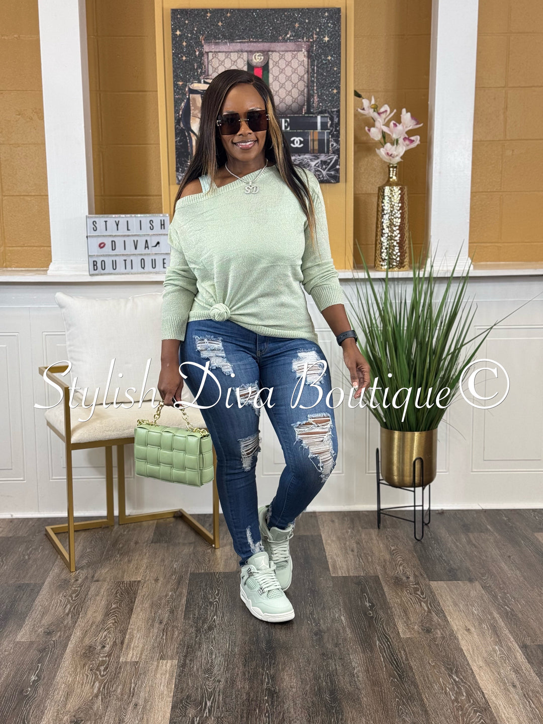 Bobbi Off Shoulder Spring Sweater (Sage)