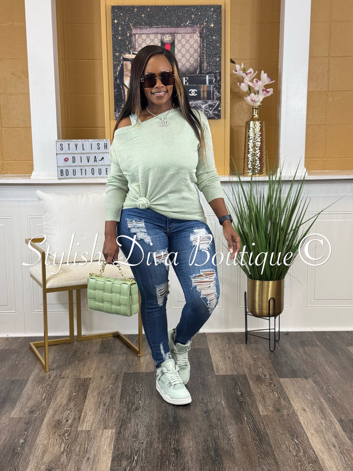 Bobbi Off Shoulder Spring Sweater (Sage)